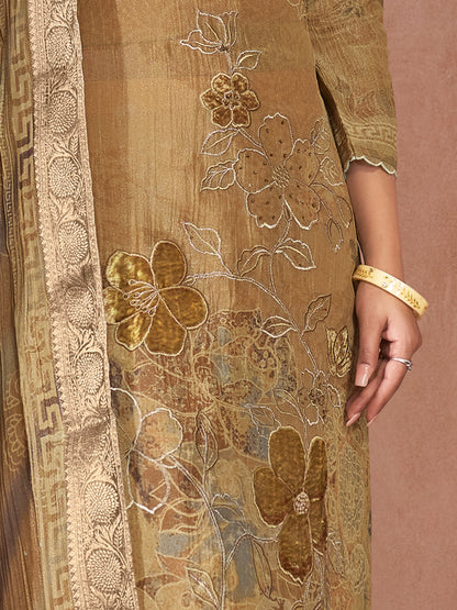 VADANYA DARK CHICKU Pure Fancy Linen Zari Suit Set With Elegant Handwork, Embroidery & Threadal