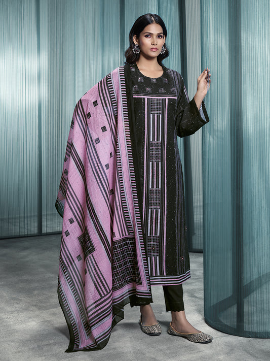 Lakeer Black Pure Viscose Linen Unstitched Set with Intricate Handwork