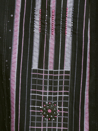 Lakeer Black Pure Viscose Linen Unstitched Set with Intricate Handwork