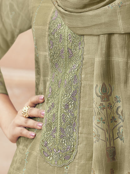 Areesha Olive Green Pure Cotton Suit Set with Intricate Handwork