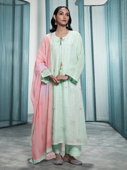 Lakeer Light Green Pure Viscose Linen Unstitched Set with Exquisite Fancy Handwork