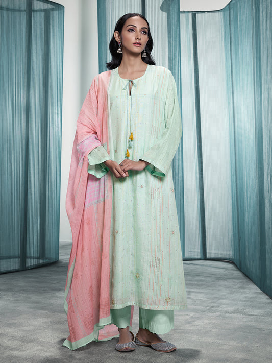 Lakeer Light Green Pure Viscose Linen Unstitched Set with Exquisite Fancy Handwork