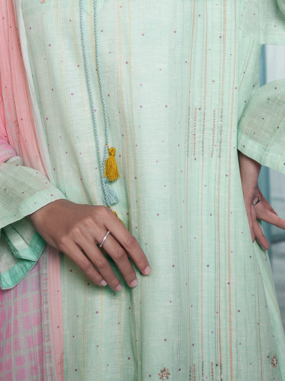 Lakeer Light Green Pure Viscose Linen Unstitched Set with Exquisite Fancy Handwork