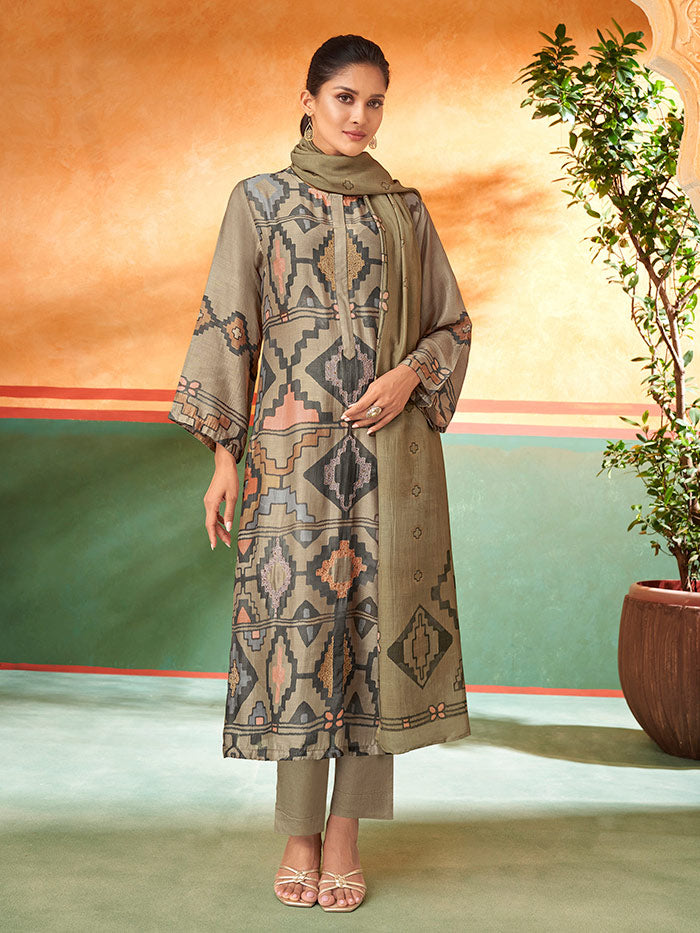 MAYSA Metallic Mehendi -  Muslin Suit Set With Fancy Handwork