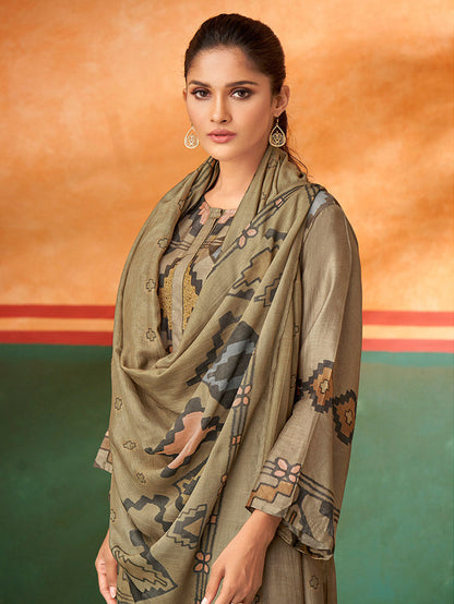 MAYSA Metallic Mehendi -  Muslin Suit Set With Fancy Handwork