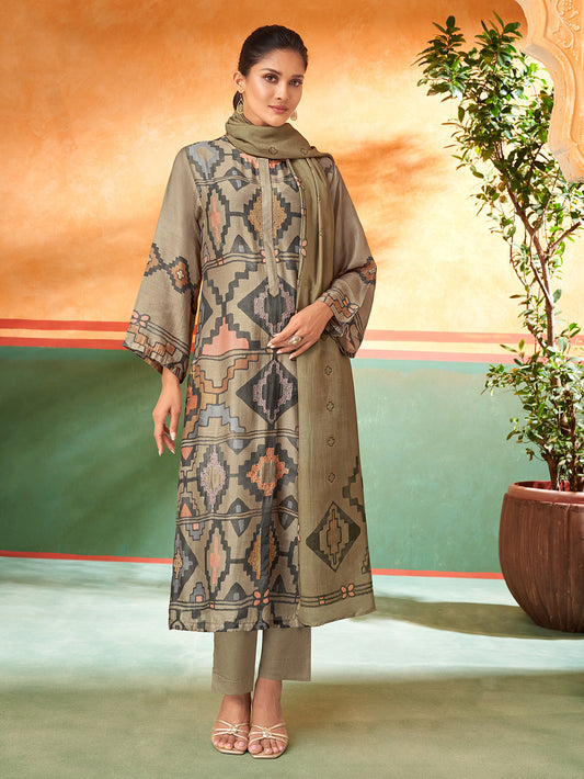 MAYSA Metallic Mehendi -  Muslin Unstitched Set With Fancy Handwork
