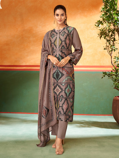 MAYSA Metallic Redish Brown -  Muslin Unstitched Set With Fancy Handwork