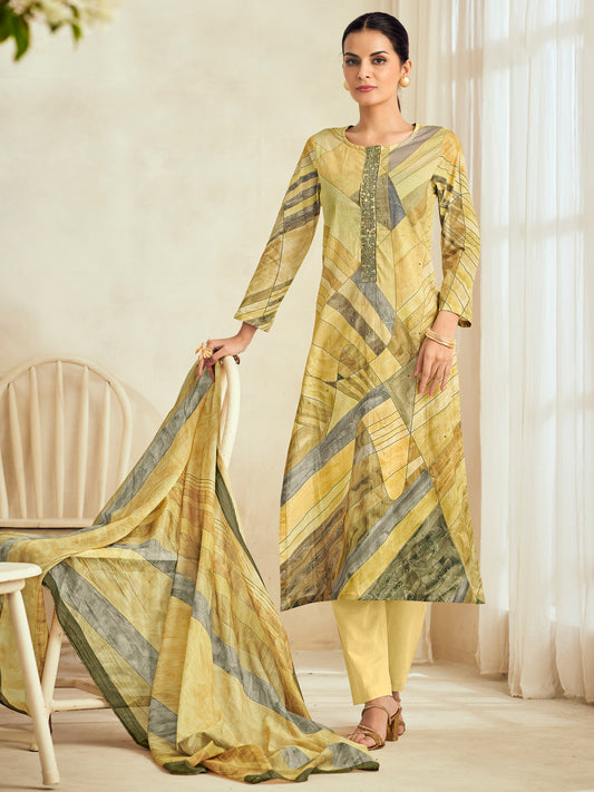 ALEENA YELLOW Pure Cotton Unstitched Set with Delicate Handwork