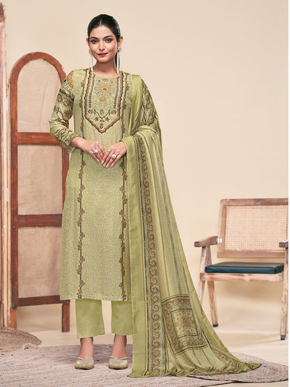MOSAIC GREEN Pure Muslin Unstitched Set With Fancy Handwork