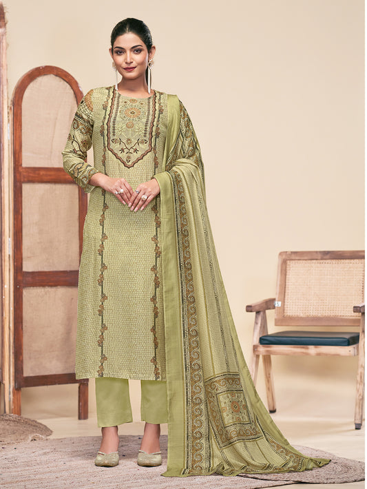MOSAIC GREEN Pure Muslin Unstitched Set With Fancy Handwork