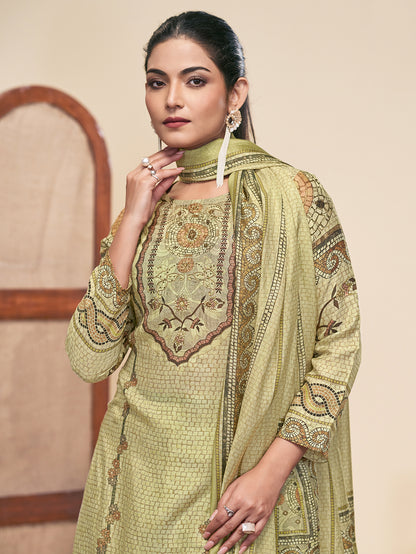 MOSAIC GREEN Pure Muslin Unstitched Set With Fancy Handwork