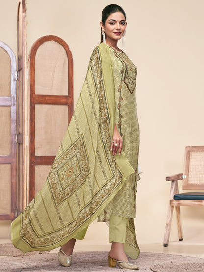 MOSAIC GREEN Pure Muslin Unstitched Set With Fancy Handwork