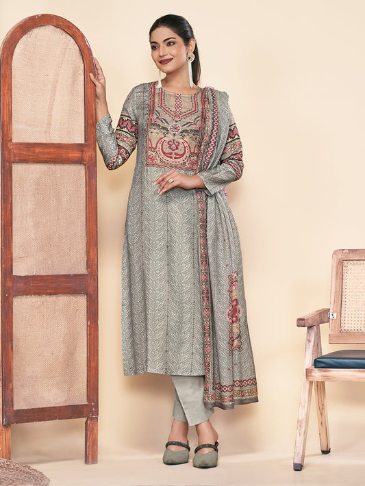 MOSAIC GREY Pure Muslin Unstitched Set With Fancy Handwork