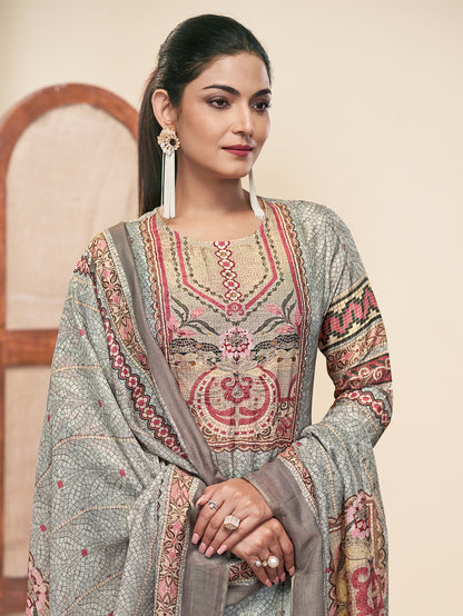 MOSAIC GREY Pure Muslin Unstitched Set With Fancy Handwork